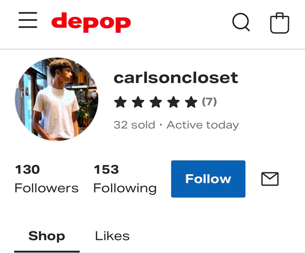 Orion’s Depop shop profile, @carlsoncloset, with a five-star rating from seven reviews.