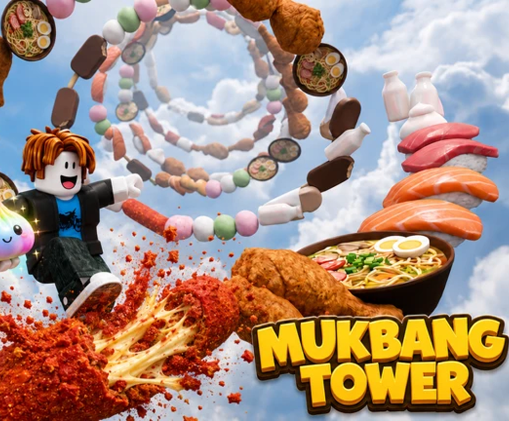 Key art for Mukbang Tower: a Roblox character riding a giant fried chicken leg past ramen, sushi and skewers in the sky.